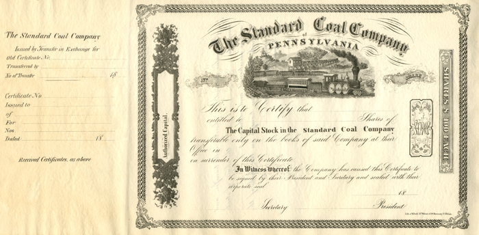 Standard Coal Co. of Pennsylvania - Unissued Stock Certificate